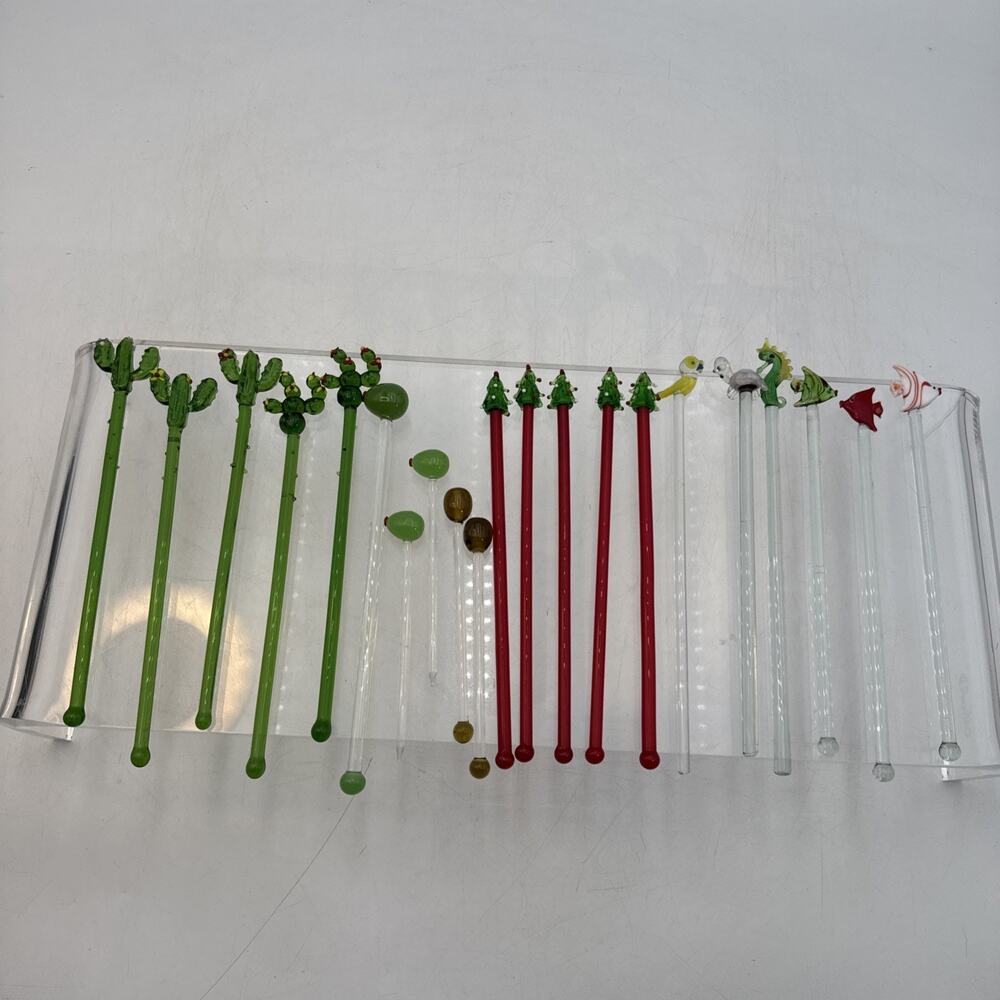 21 Vintage Glass Swizzle Stir Sticks Cocktal -Christmas, Cactus, Olive, Sealife